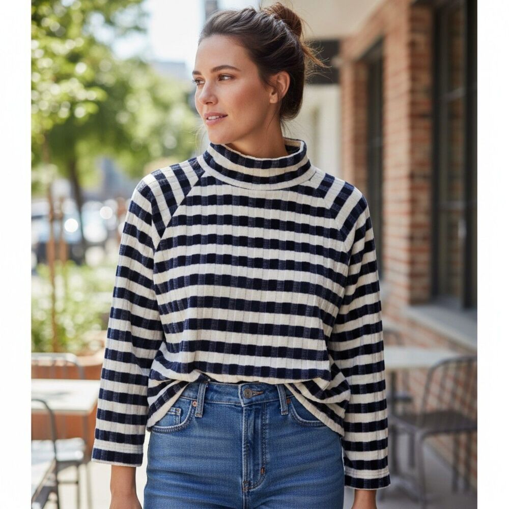 Madewell Texture & Thread Striped Mockneck Top Womens Small Oversized Velvet